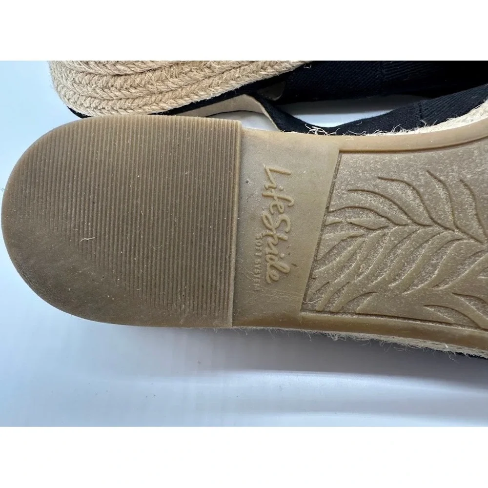 LifeStride Socialite Womens Black Espadrille Wedge Sandals Slingback Peep Toe 7M